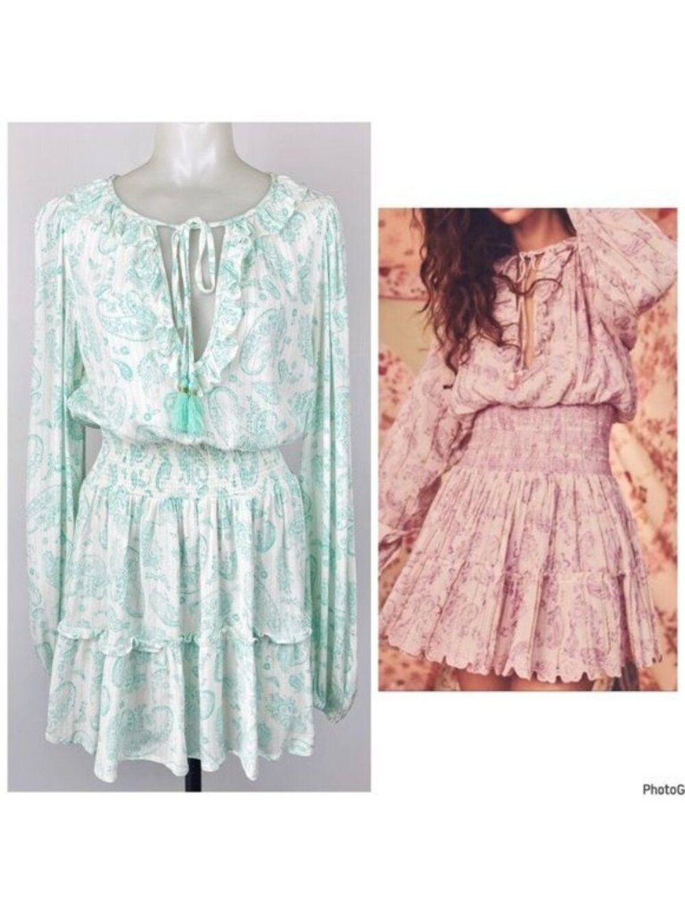 House of Harlow Printed Paisley Ruffle Tiered green Mini Dress Small